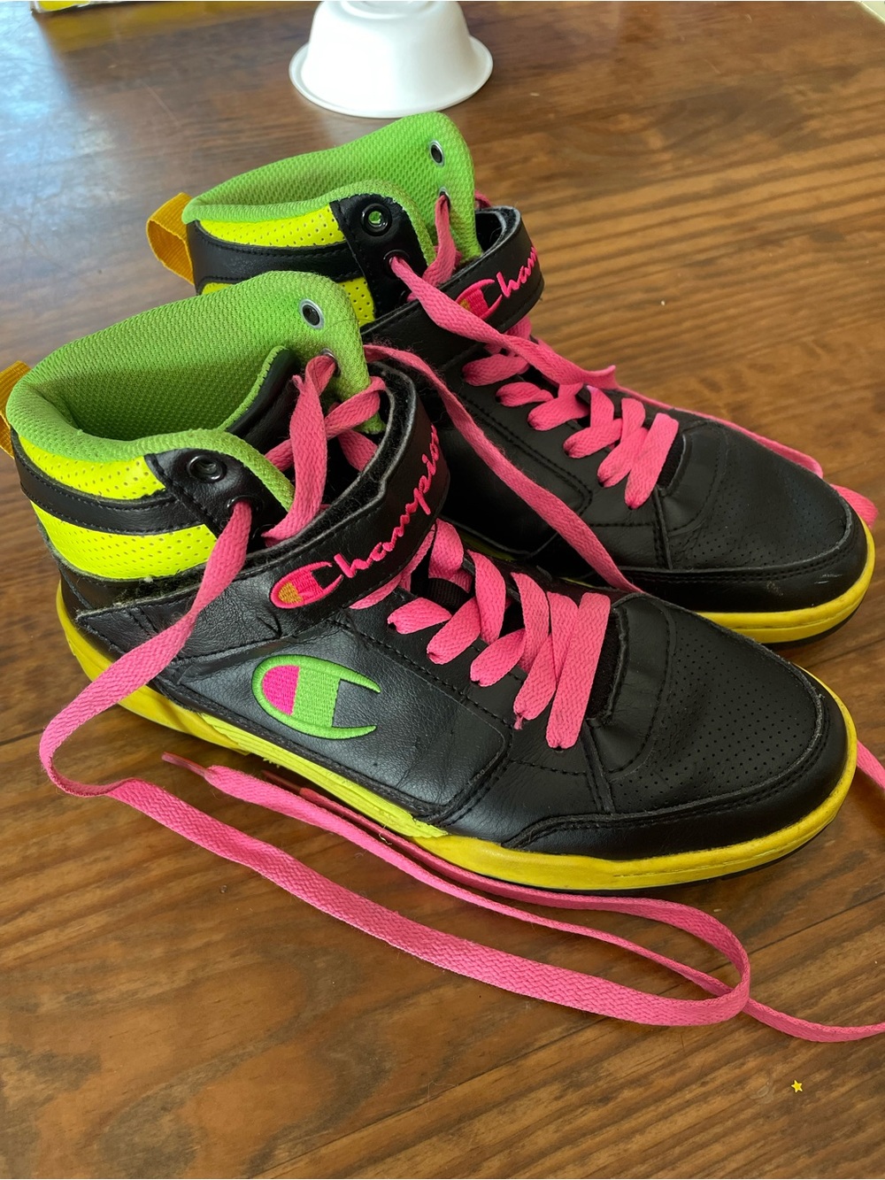 Champion High-Top Sneakers in Black with Pink & Neon Green Accents, Adult 8.5